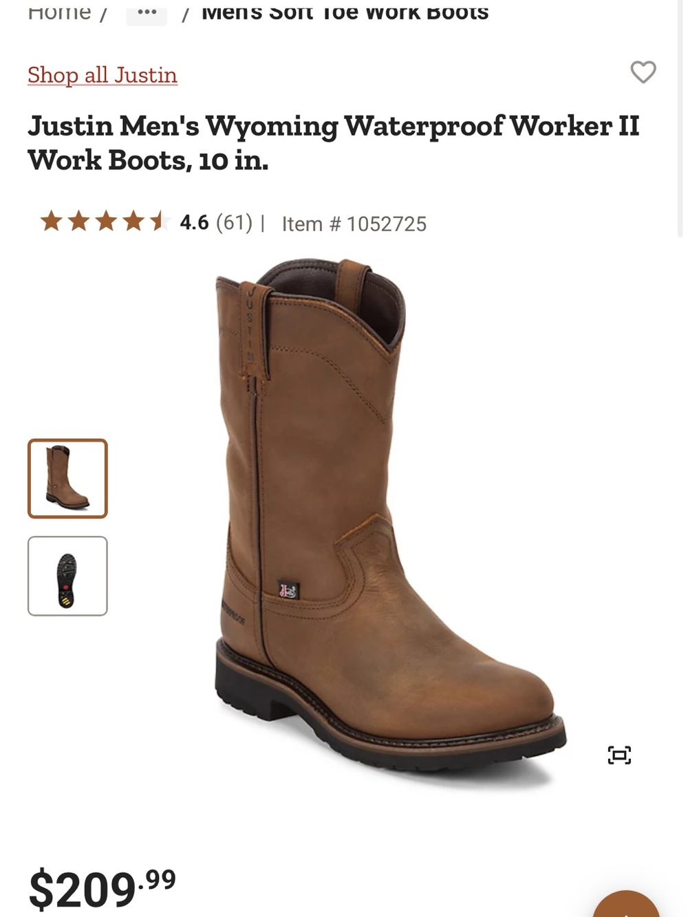 NWT Justin Boots Men's Wyoming Waterproof Worker II Boots - Brown